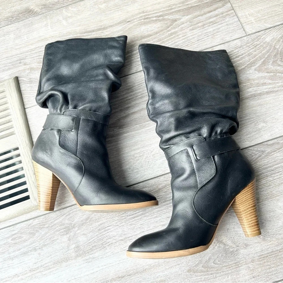 Zara Black Slouchy Leather Heeled Tall Boots Made In Spain - Picture 10 of 15